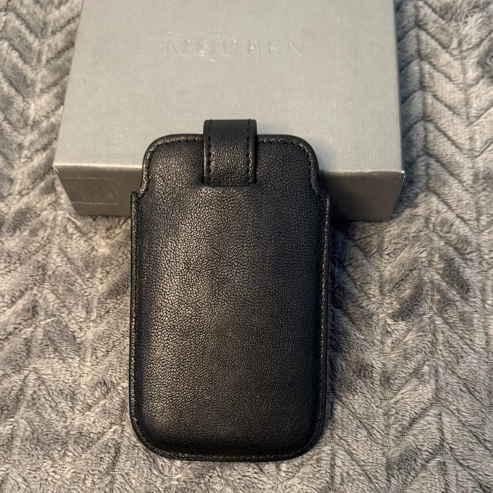 Alexander McQueen Black Phone Holder with Gold Skull Detail